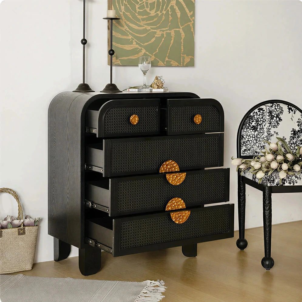 LIVARA Vintage Solid Wood 5-Drawer Chest with Rattan Detail 80.5cm Entryway Storage Cabinet - Black