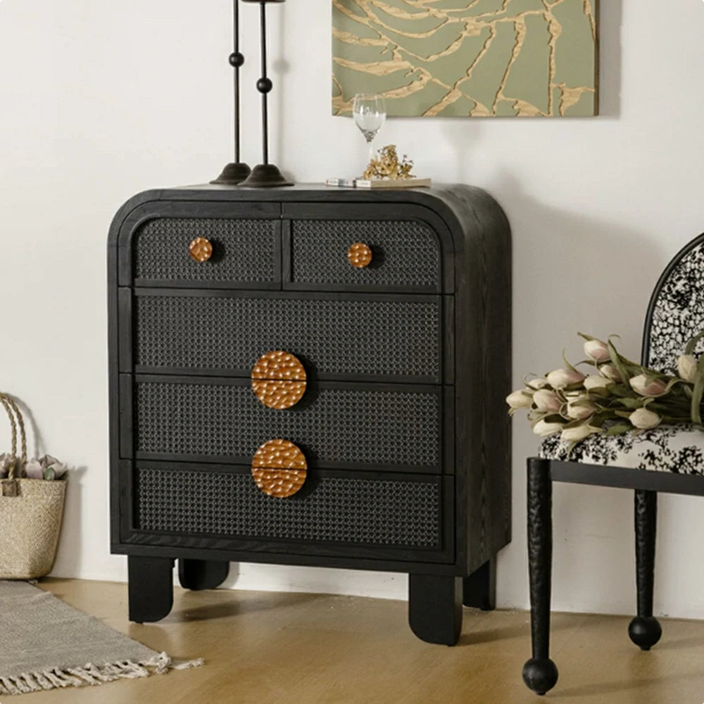 LIVARA Vintage Solid Wood 5-Drawer Chest with Rattan Detail 80.5cm Entryway Storage Cabinet - Black