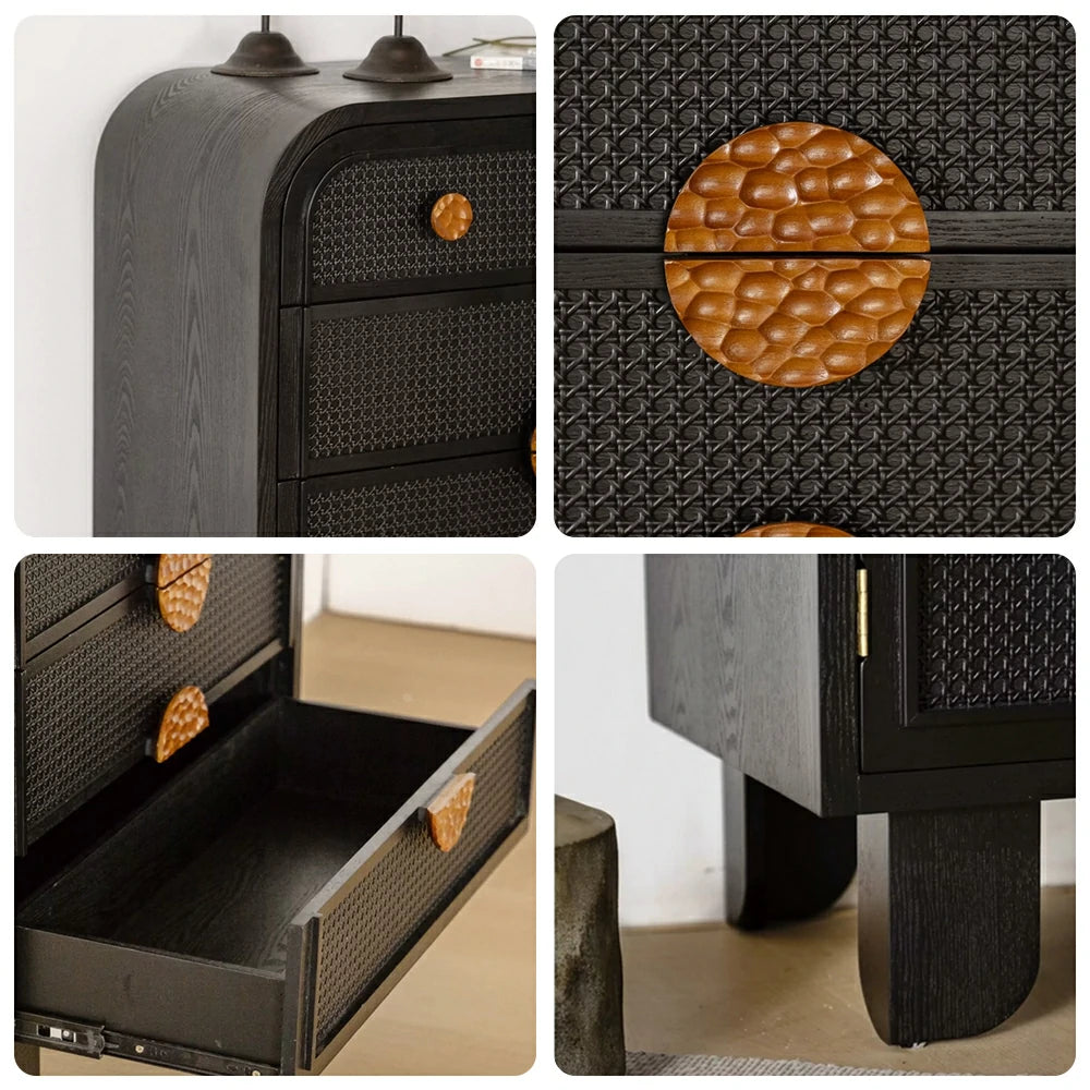 LIVARA Vintage Solid Wood 5-Drawer Chest with Rattan Detail 80.5cm Entryway Storage Cabinet - Black