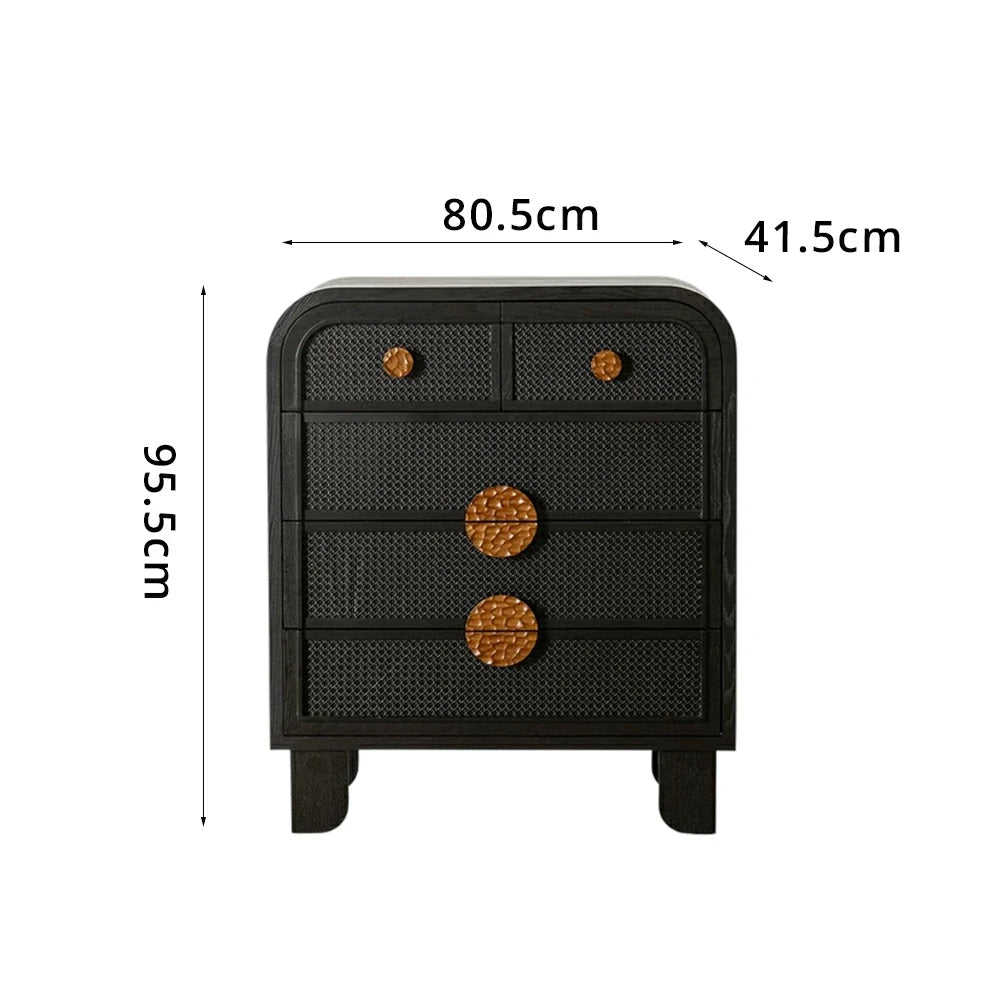 LIVARA Vintage Solid Wood 5-Drawer Chest with Rattan Detail 80.5cm Entryway Storage Cabinet - Black