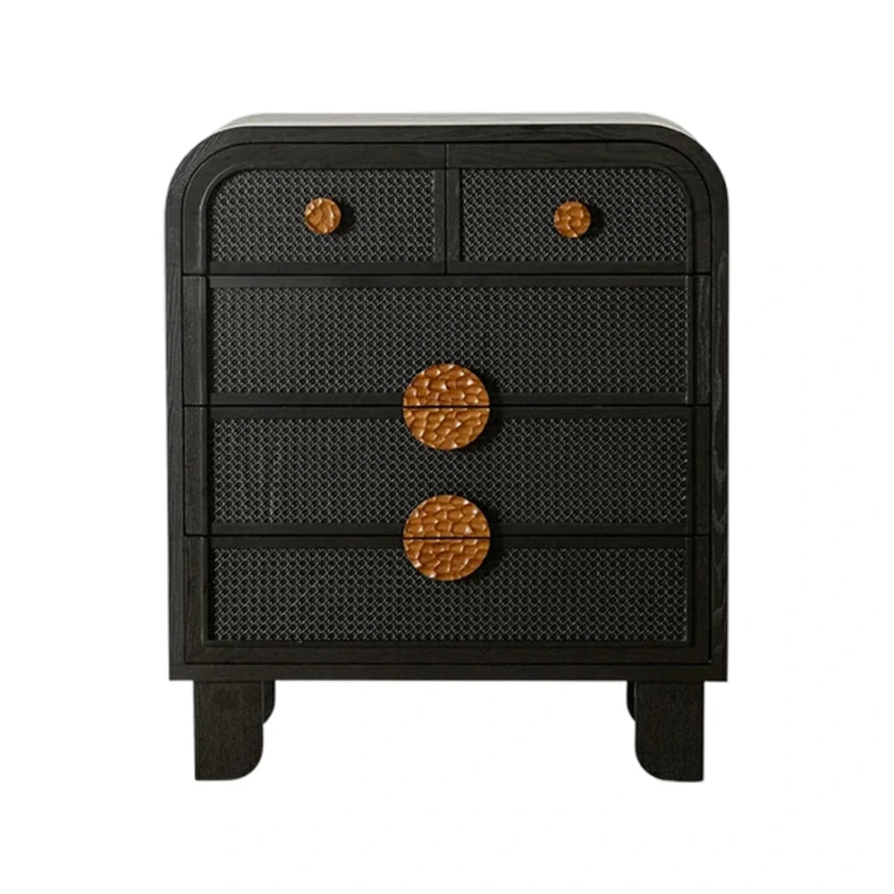 LIVARA Vintage Solid Wood 5-Drawer Chest with Rattan Detail 80.5cm Entryway Storage Cabinet - Black