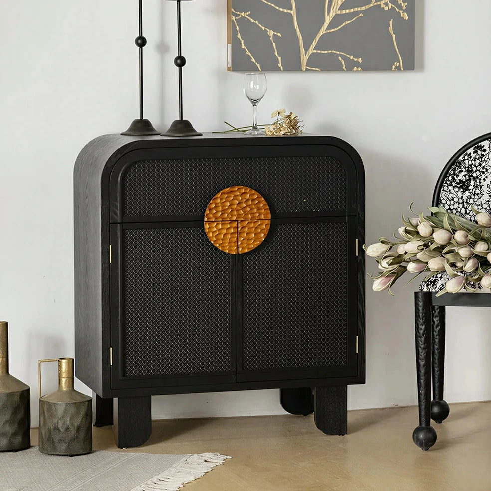 LIVARA Vintage Solid Wood Rattan Door Entryway Cabinet with Curved Top 80cm Living Room Storage Sideboard - Black