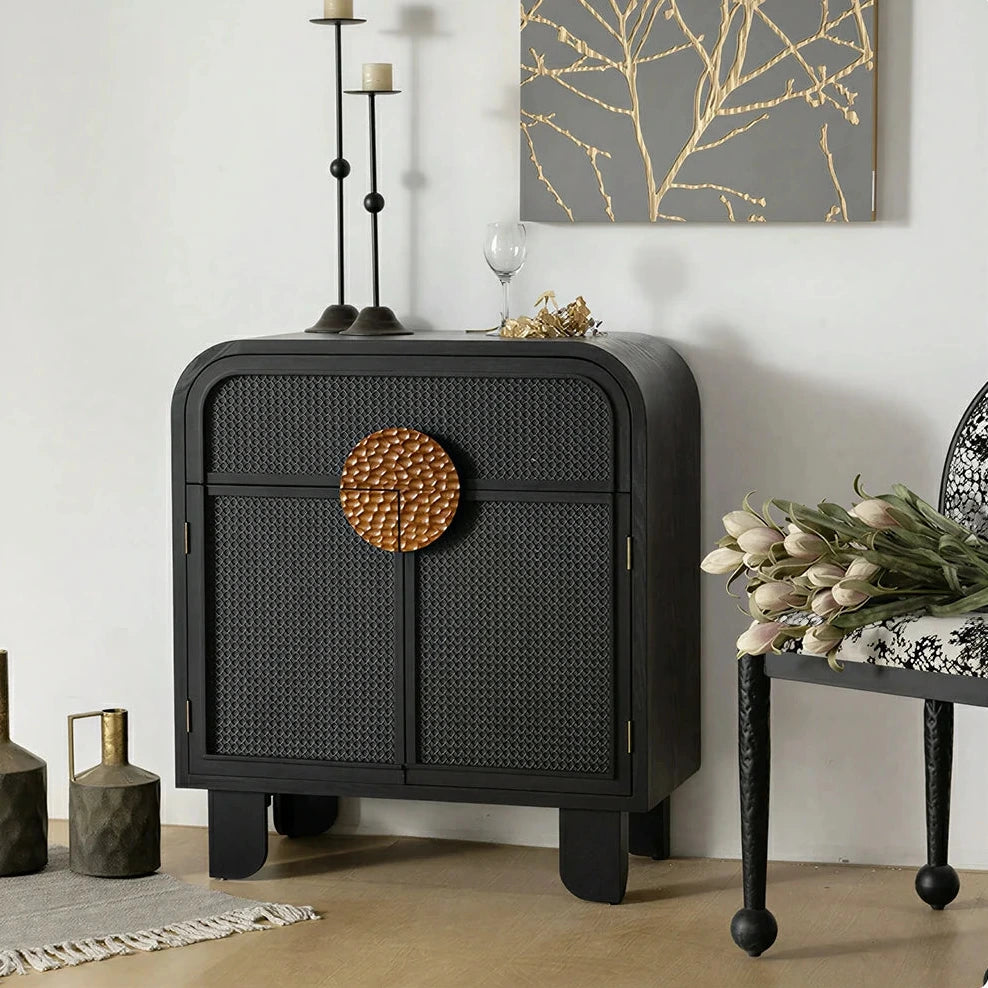 LIVARA Vintage Solid Wood Rattan Door Entryway Cabinet with Curved Top 80cm Living Room Storage Sideboard - Black