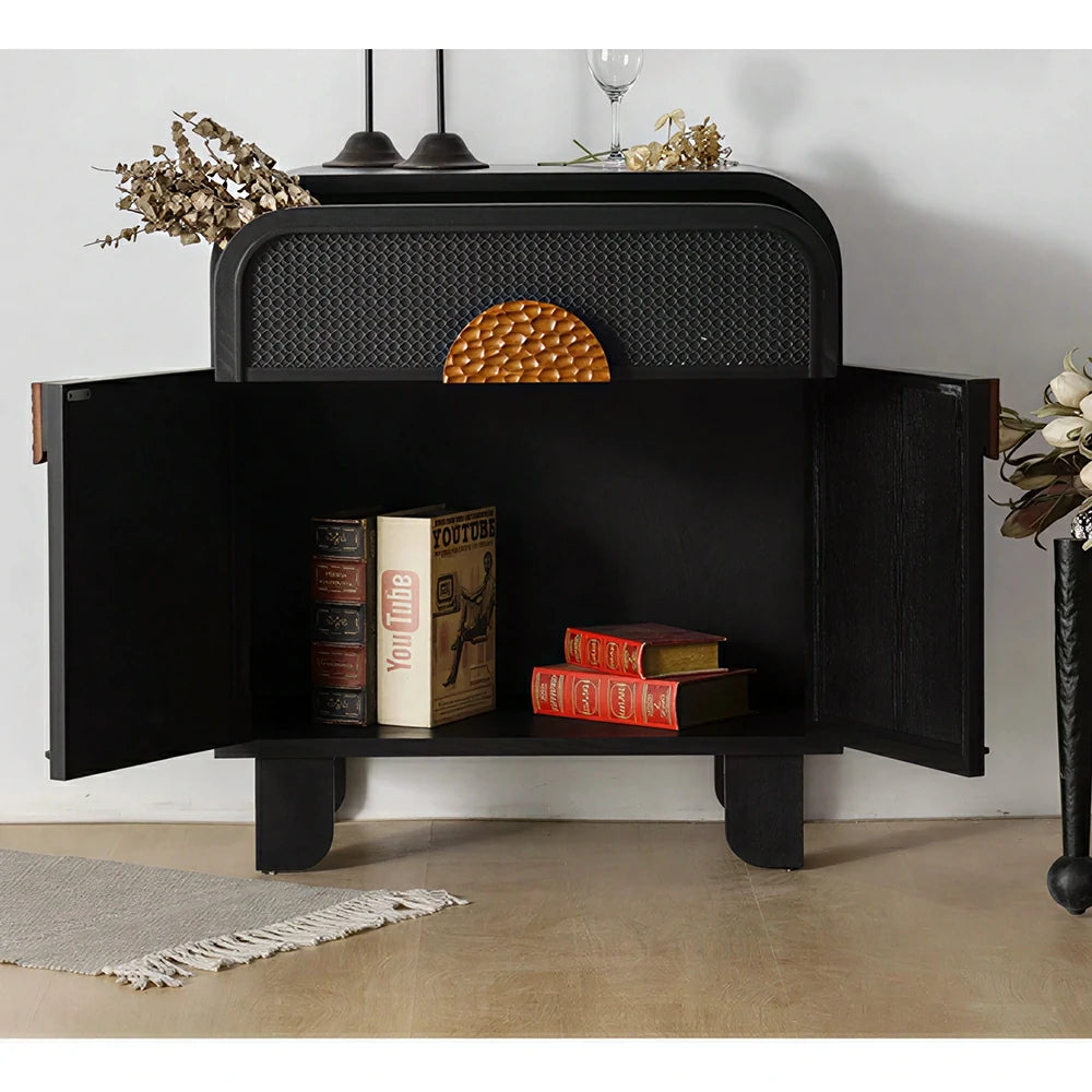 LIVARA Vintage Solid Wood Rattan Door Entryway Cabinet with Curved Top 80cm Living Room Storage Sideboard - Black