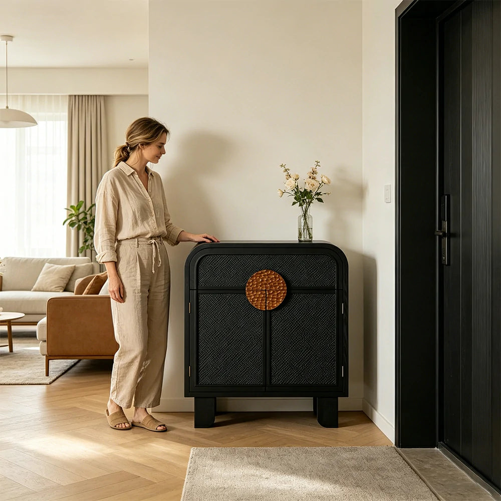 LIVARA Vintage Solid Wood Rattan Door Entryway Cabinet with Curved Top 80cm Living Room Storage Sideboard - Black