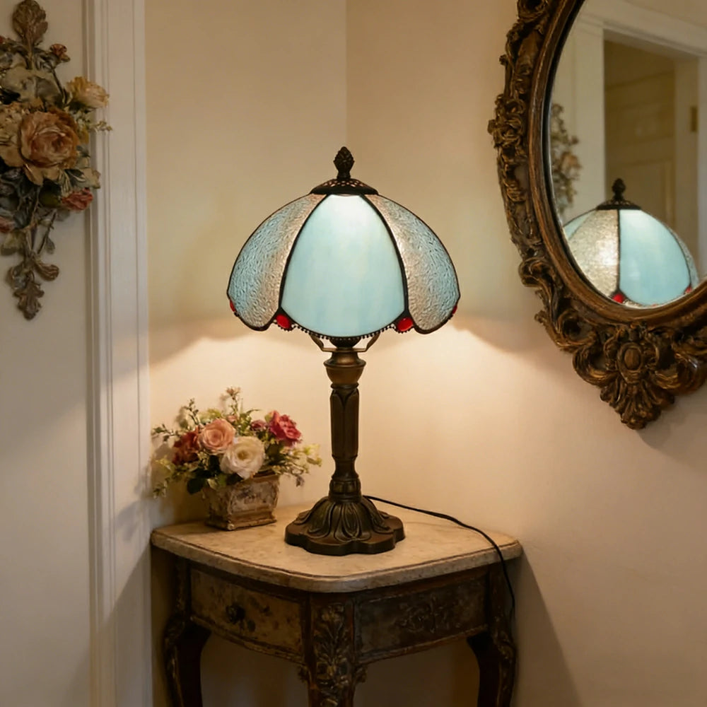 LIVARA Sky Blue Diamond Curved Glass Table Lamp Handmade Tiffany Style E27 Bedside Light Vintage Decor for Living Room Bedroom Study