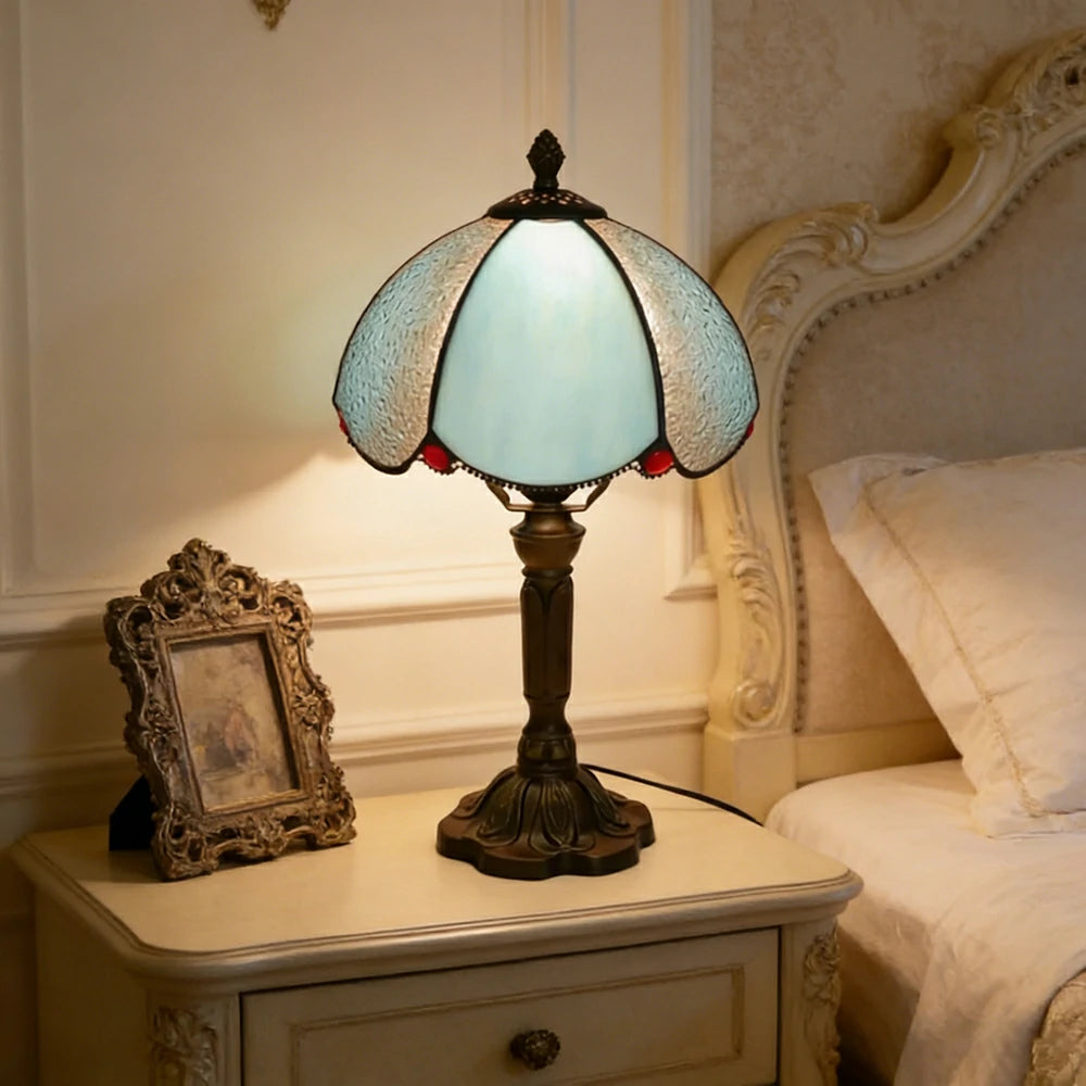 LIVARA Sky Blue Diamond Curved Glass Table Lamp Handmade Tiffany Style E27 Bedside Light Vintage Decor for Living Room Bedroom Study