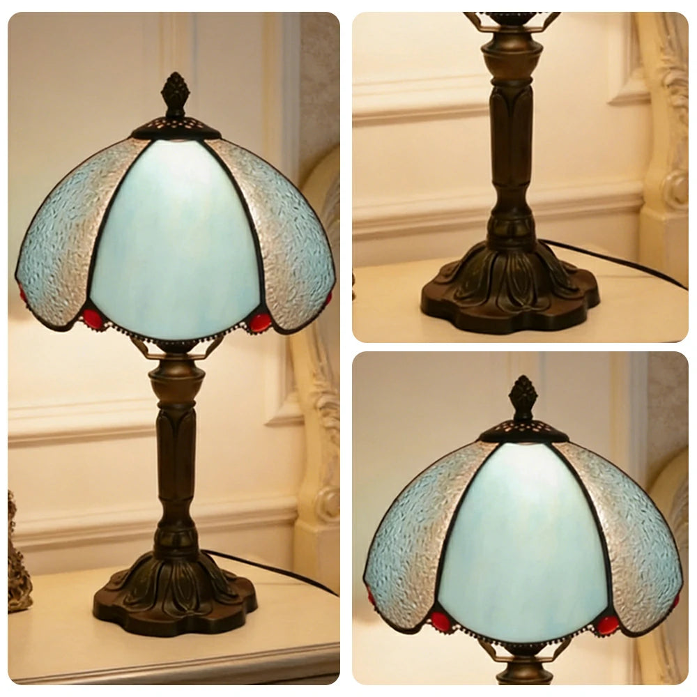 LIVARA Sky Blue Diamond Curved Glass Table Lamp Handmade Tiffany Style E27 Bedside Light Vintage Decor for Living Room Bedroom Study