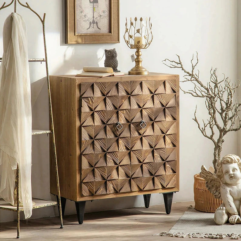 LIVARA Vintage Distressed Geometric Panel Entryway Cabinet 78cm Hallway Storage Sideboard - Natural Wood