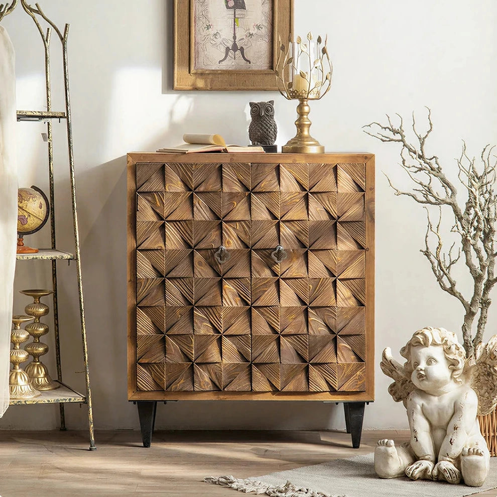 LIVARA Vintage Distressed Geometric Panel Entryway Cabinet 78cm Hallway Storage Sideboard - Natural Wood