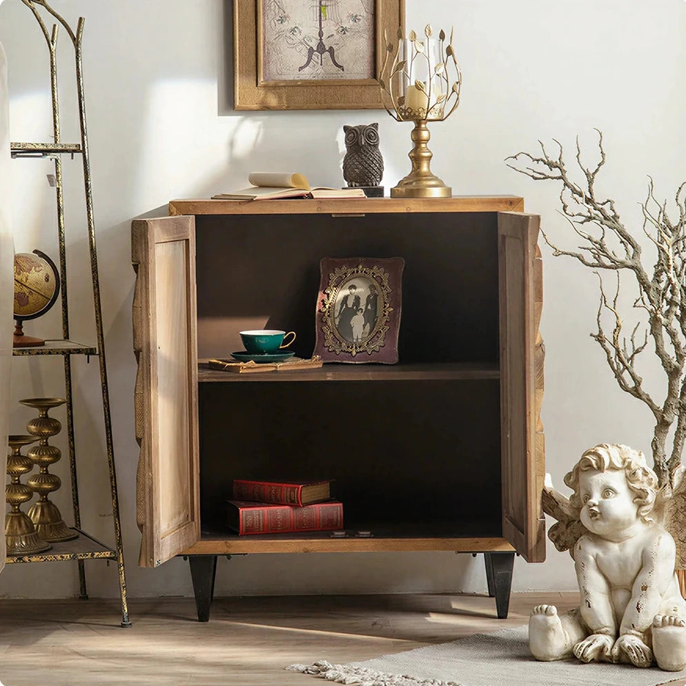 LIVARA Vintage Distressed Geometric Panel Entryway Cabinet 78cm Hallway Storage Sideboard - Natural Wood