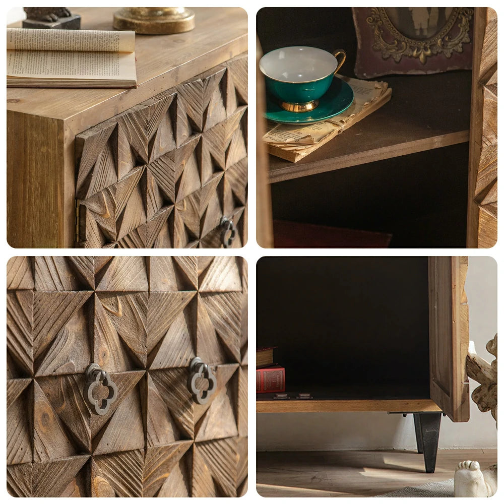 LIVARA Vintage Distressed Geometric Panel Entryway Cabinet 78cm Hallway Storage Sideboard - Natural Wood