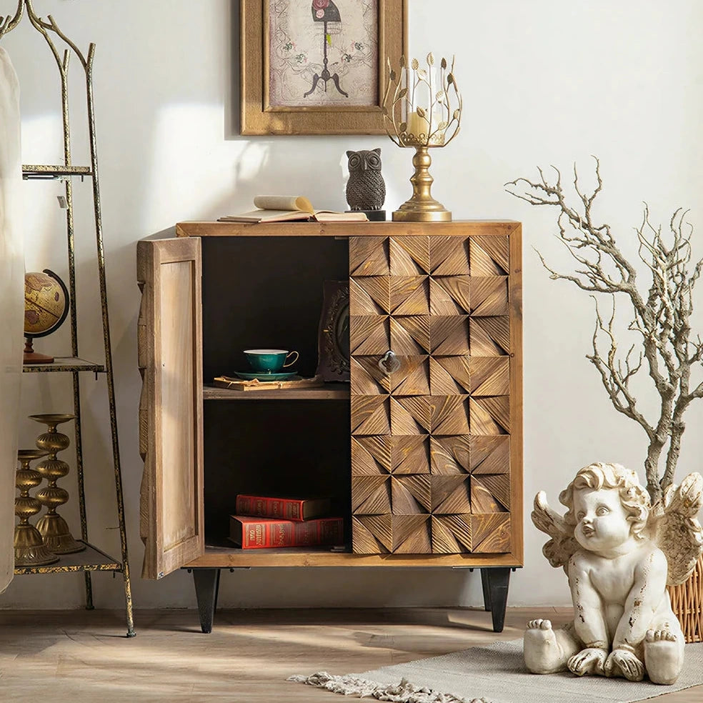 LIVARA Vintage Distressed Geometric Panel Entryway Cabinet 78cm Hallway Storage Sideboard - Natural Wood