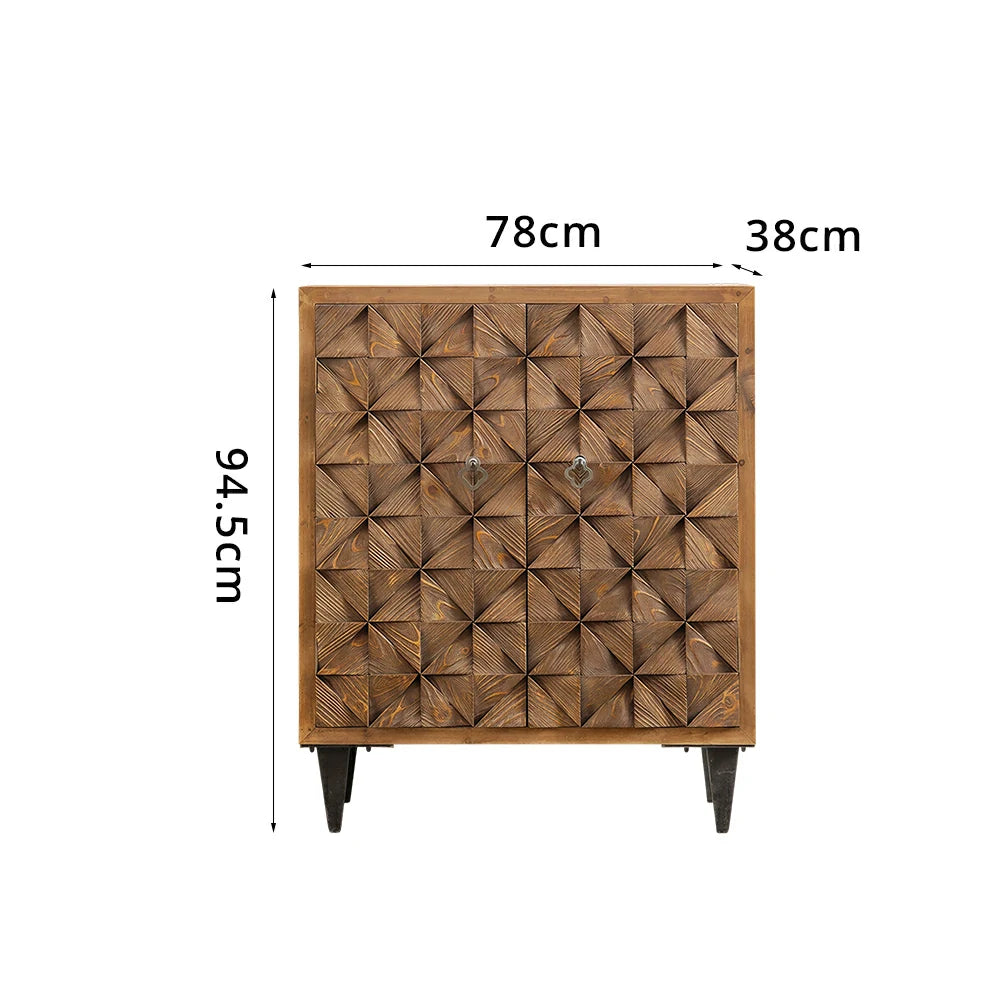 LIVARA Vintage Distressed Geometric Panel Entryway Cabinet 78cm Hallway Storage Sideboard - Natural Wood