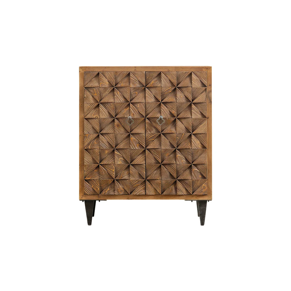 LIVARA Vintage Distressed Geometric Panel Entryway Cabinet 78cm Hallway Storage Sideboard - Natural Wood