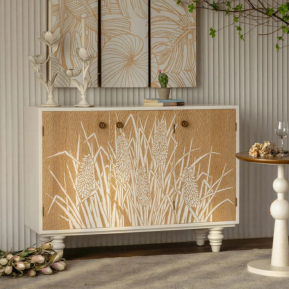 LIVARA Carved Floral Entryway Cabinet with Natural Wood Doors 120cm Living Room Storage Sideboard - White