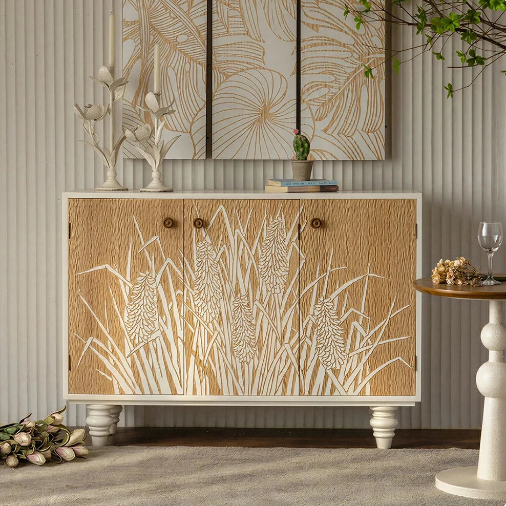 LIVARA Carved Floral Entryway Cabinet with Natural Wood Doors 120cm Living Room Storage Sideboard - White