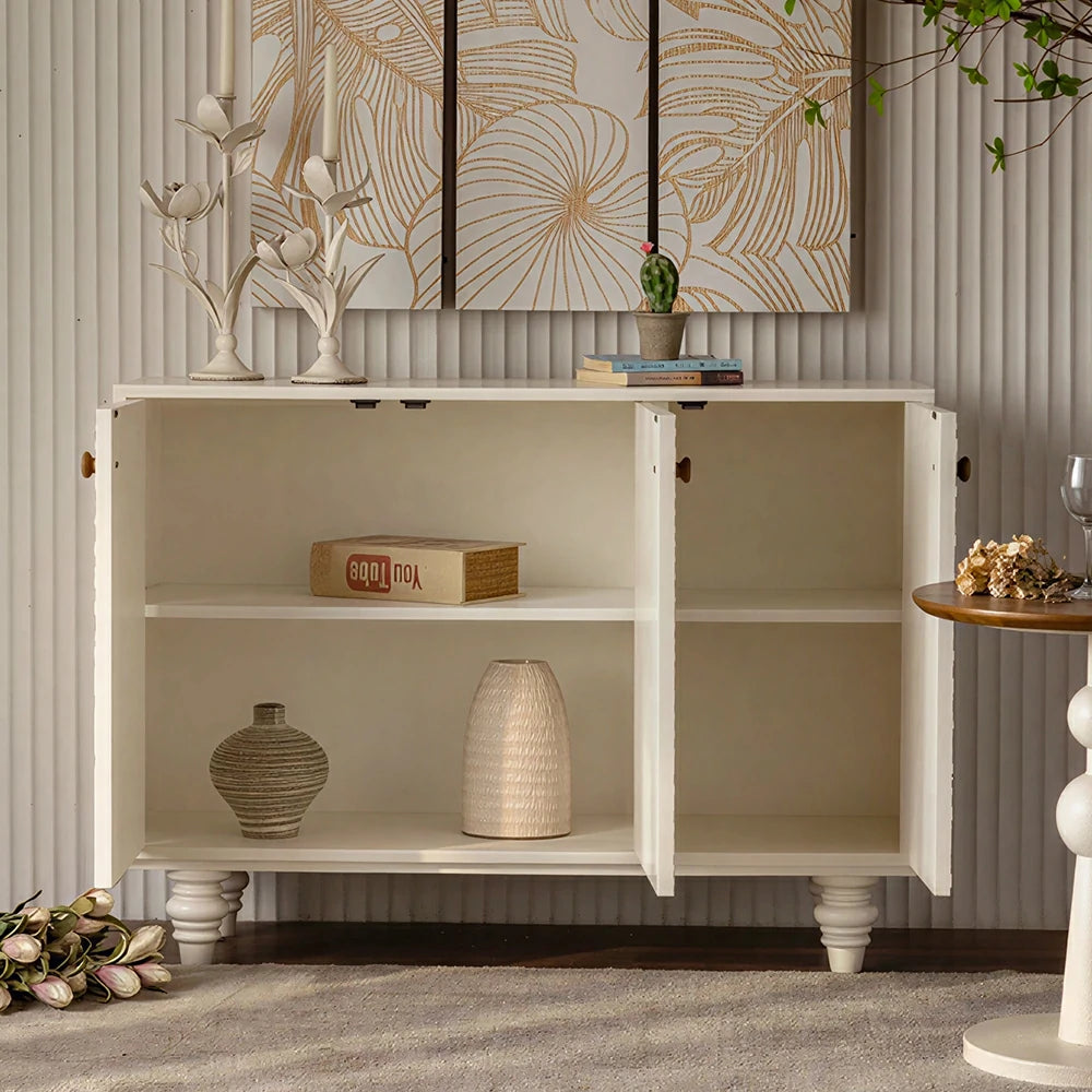 LIVARA Carved Floral Entryway Cabinet with Natural Wood Doors 120cm Living Room Storage Sideboard - White