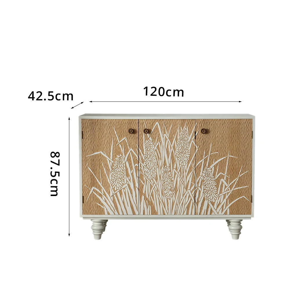 LIVARA Carved Floral Entryway Cabinet with Natural Wood Doors 120cm Living Room Storage Sideboard - White