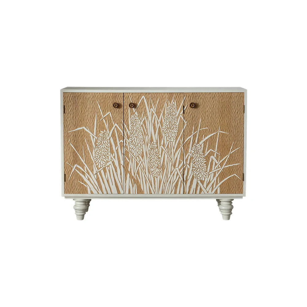 LIVARA Carved Floral Entryway Cabinet with Natural Wood Doors 120cm Living Room Storage Sideboard - White