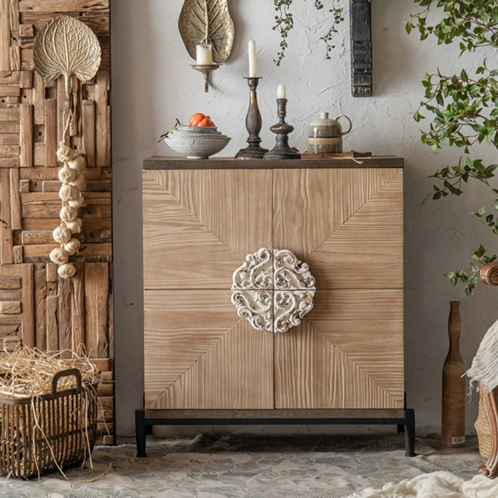 LIVARA Vintage Distressed Geometric Door Entryway Cabinet A838 - 86cm Hallway Storage Sideboard - Natural Wood