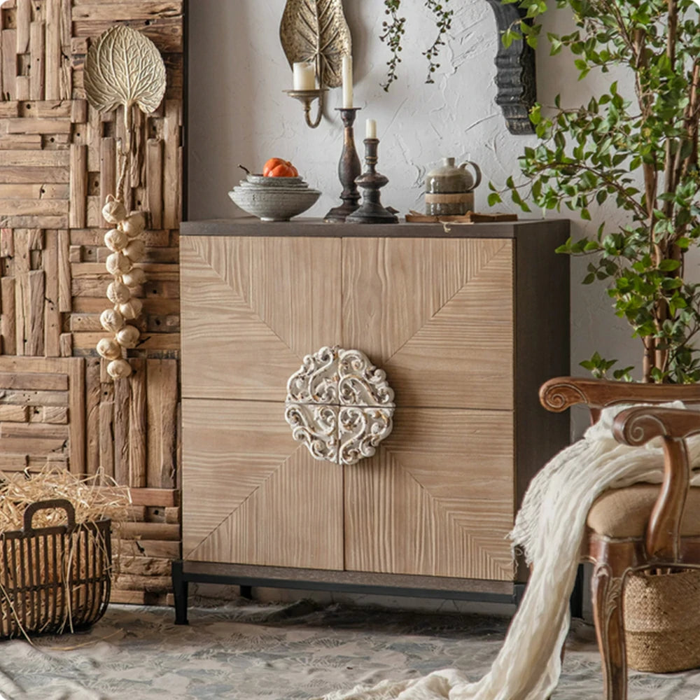 LIVARA Vintage Distressed Geometric Door Entryway Cabinet A838 - 86cm Hallway Storage Sideboard - Natural Wood