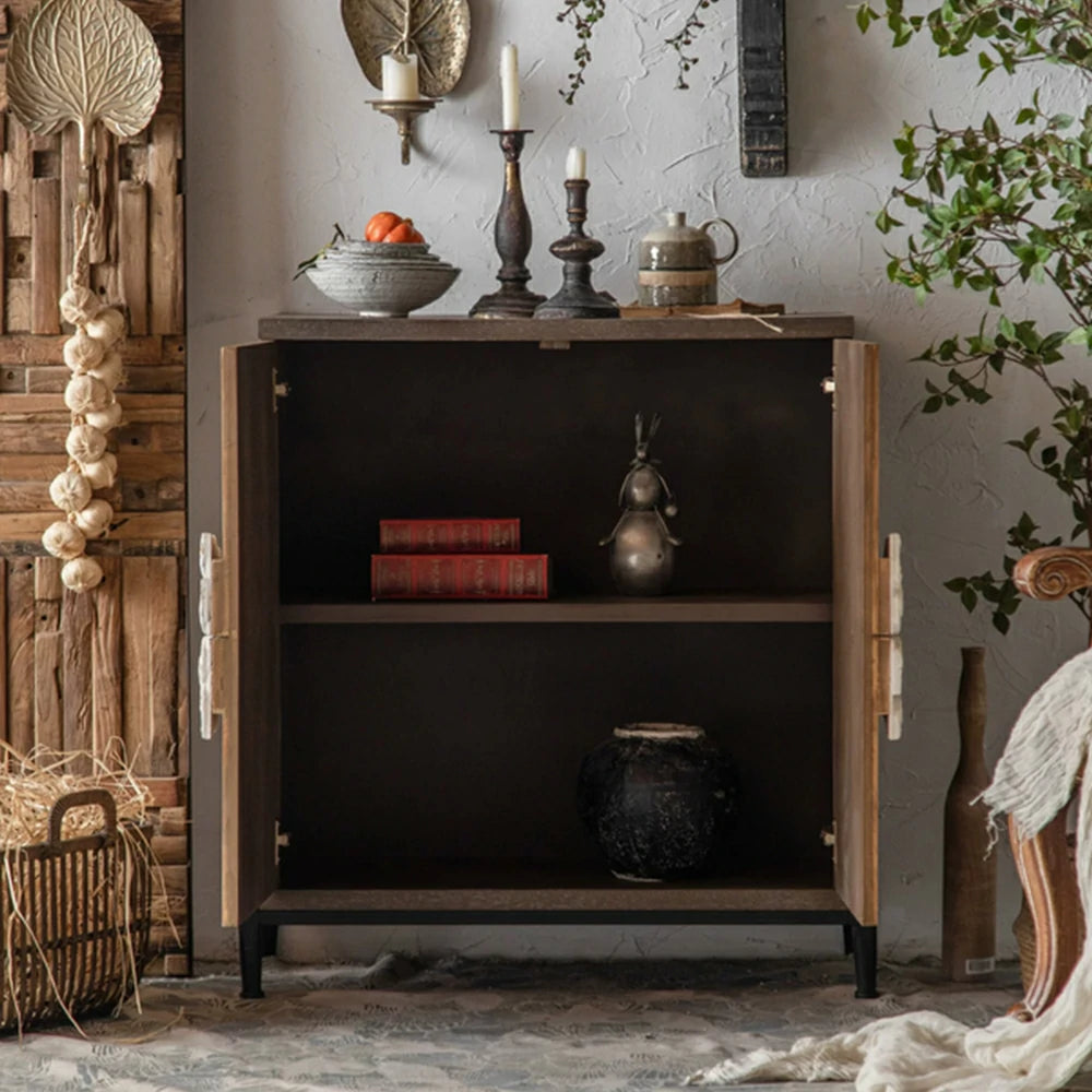 LIVARA Vintage Distressed Geometric Door Entryway Cabinet A838 - 86cm Hallway Storage Sideboard - Natural Wood