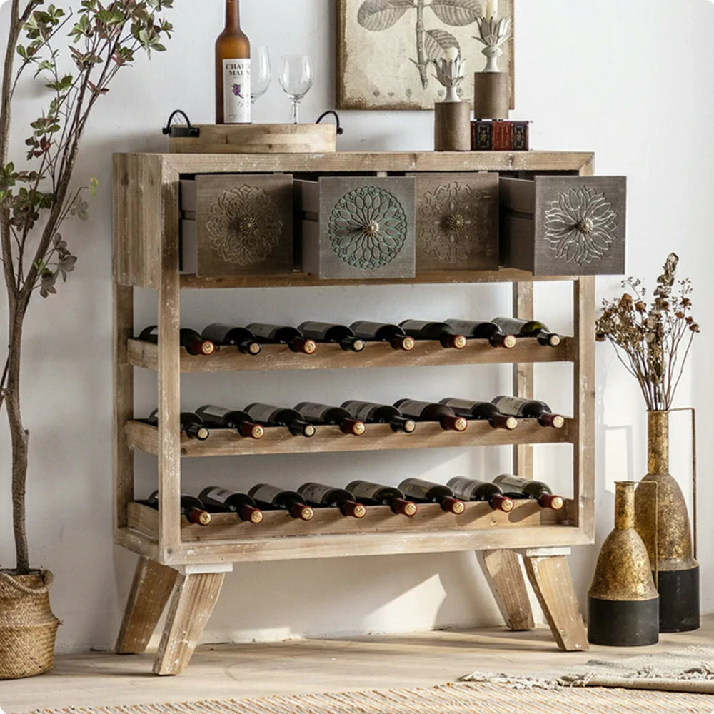 LIVARA Vintage Distressed Wine Rack with Carved Drawers - 94cm Dining Room Storage Display Cabinet - Natural Wood