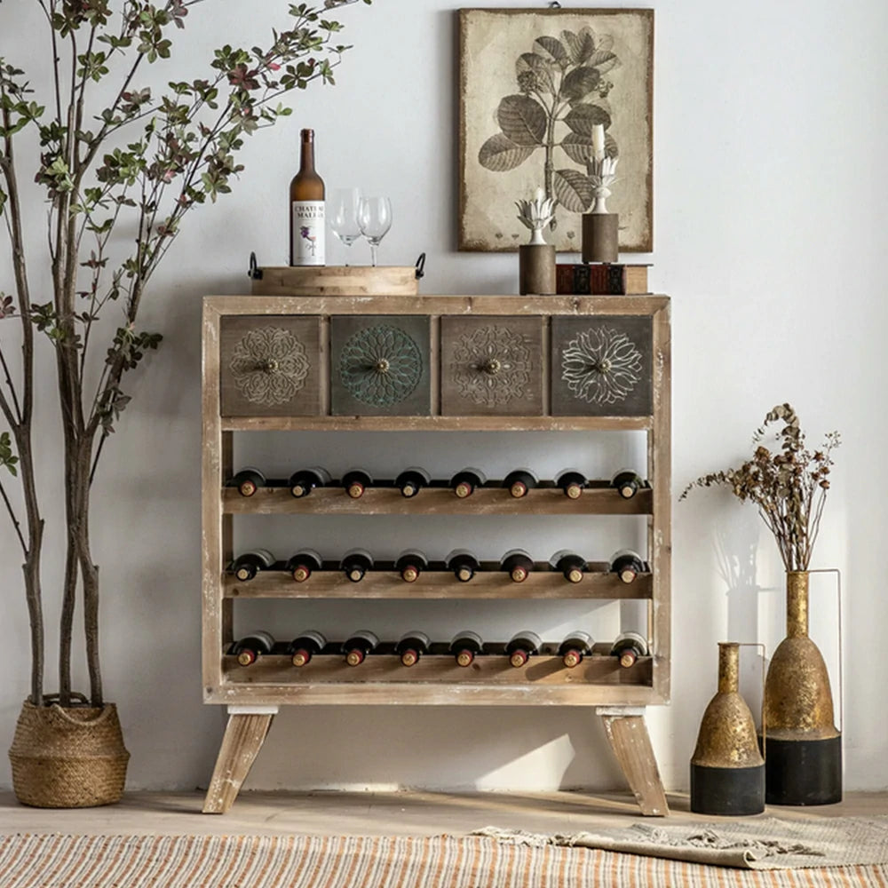 LIVARA Vintage Distressed Wine Rack with Carved Drawers - 94cm Dining Room Storage Display Cabinet - Natural Wood