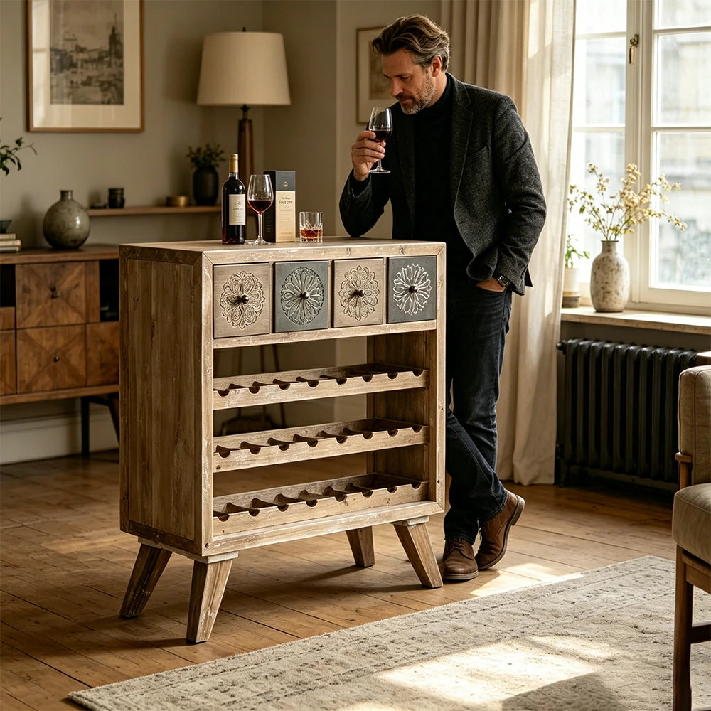 LIVARA Vintage Distressed Wine Rack with Carved Drawers - 94cm Dining Room Storage Display Cabinet - Natural Wood