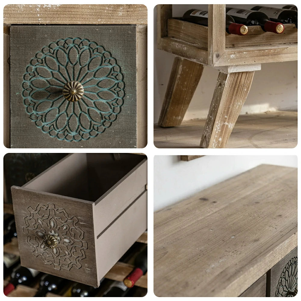 LIVARA Vintage Distressed Wine Rack with Carved Drawers - 94cm Dining Room Storage Display Cabinet - Natural Wood