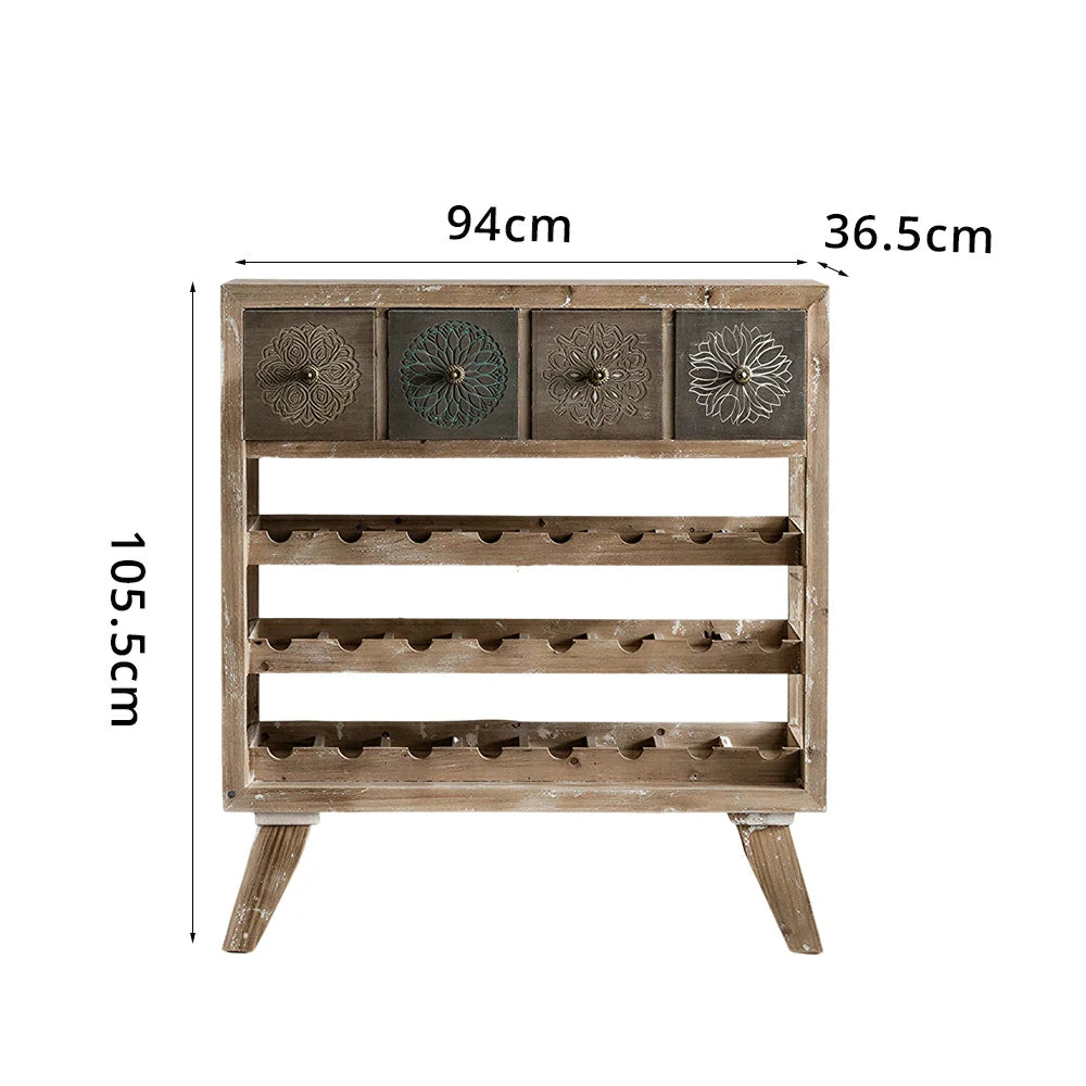 LIVARA Vintage Distressed Wine Rack with Carved Drawers - 94cm Dining Room Storage Display Cabinet - Natural Wood