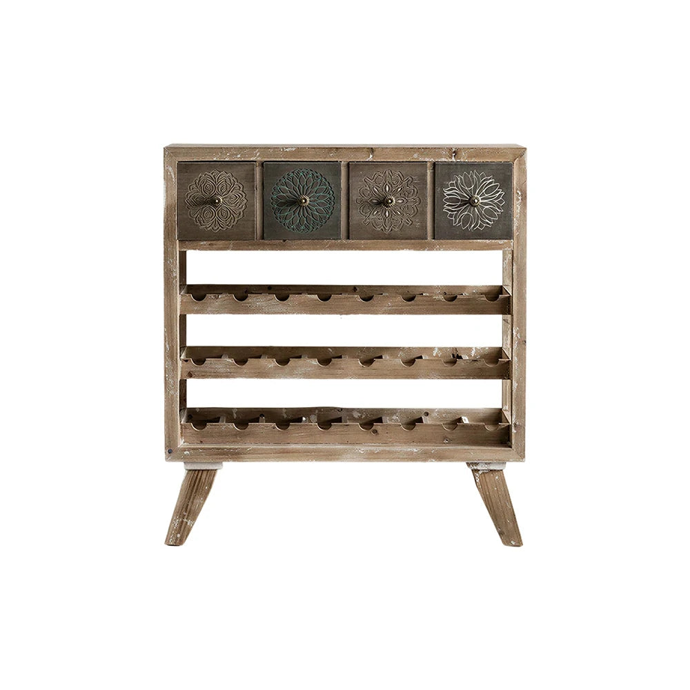 LIVARA Vintage Distressed Wine Rack with Carved Drawers - 94cm Dining Room Storage Display Cabinet - Natural Wood
