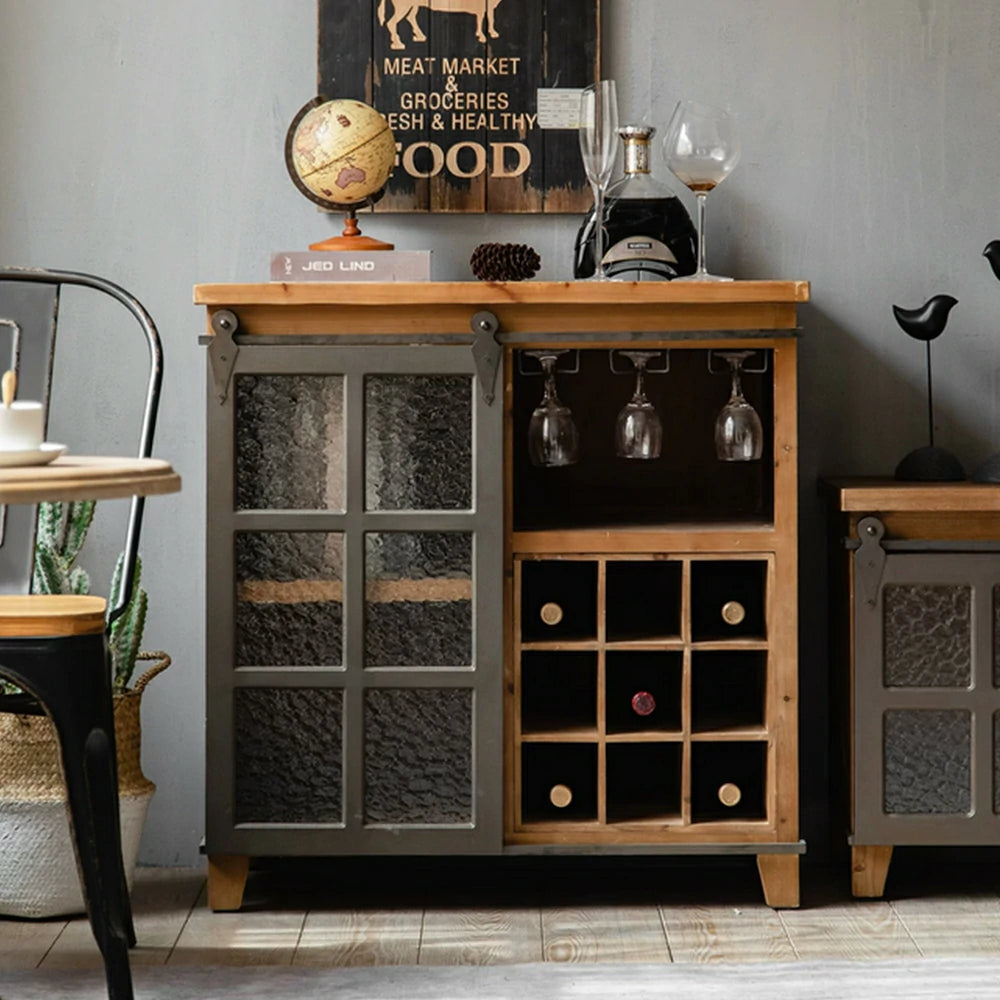LIVARA Industrial Vintage Wine Cabinet with Glass Door - 80cm Dining Room Wine Rack Storage Cabinet - Natural Wood & Grey