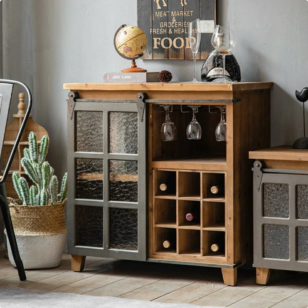 LIVARA Industrial Vintage Wine Cabinet with Glass Door - 80cm Dining Room Wine Rack Storage Cabinet - Natural Wood & Grey