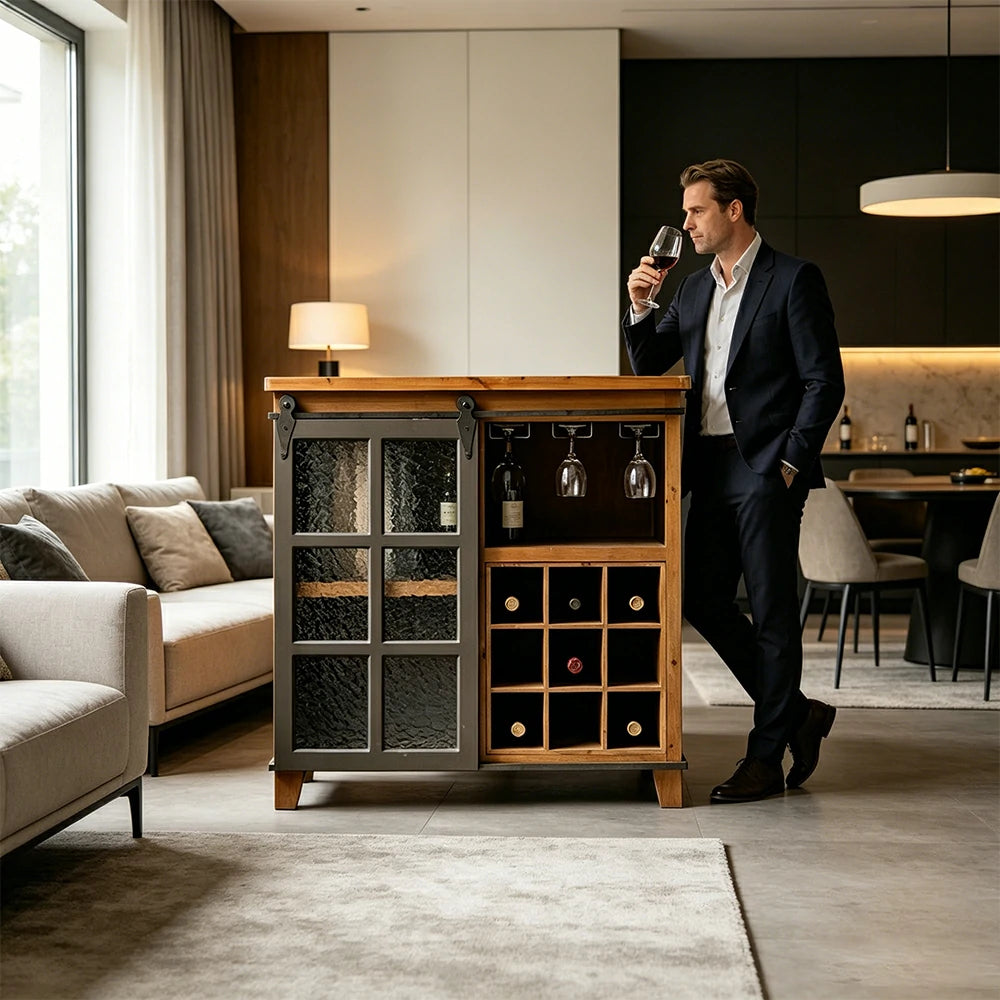 LIVARA Industrial Vintage Wine Cabinet with Glass Door - 80cm Dining Room Wine Rack Storage Cabinet - Natural Wood & Grey