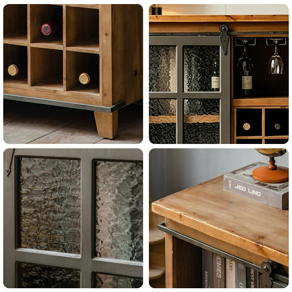 LIVARA Industrial Vintage Wine Cabinet with Glass Door - 80cm Dining Room Wine Rack Storage Cabinet - Natural Wood & Grey