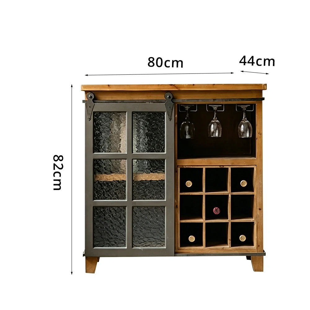 LIVARA Industrial Vintage Wine Cabinet with Glass Door - 80cm Dining Room Wine Rack Storage Cabinet - Natural Wood & Grey