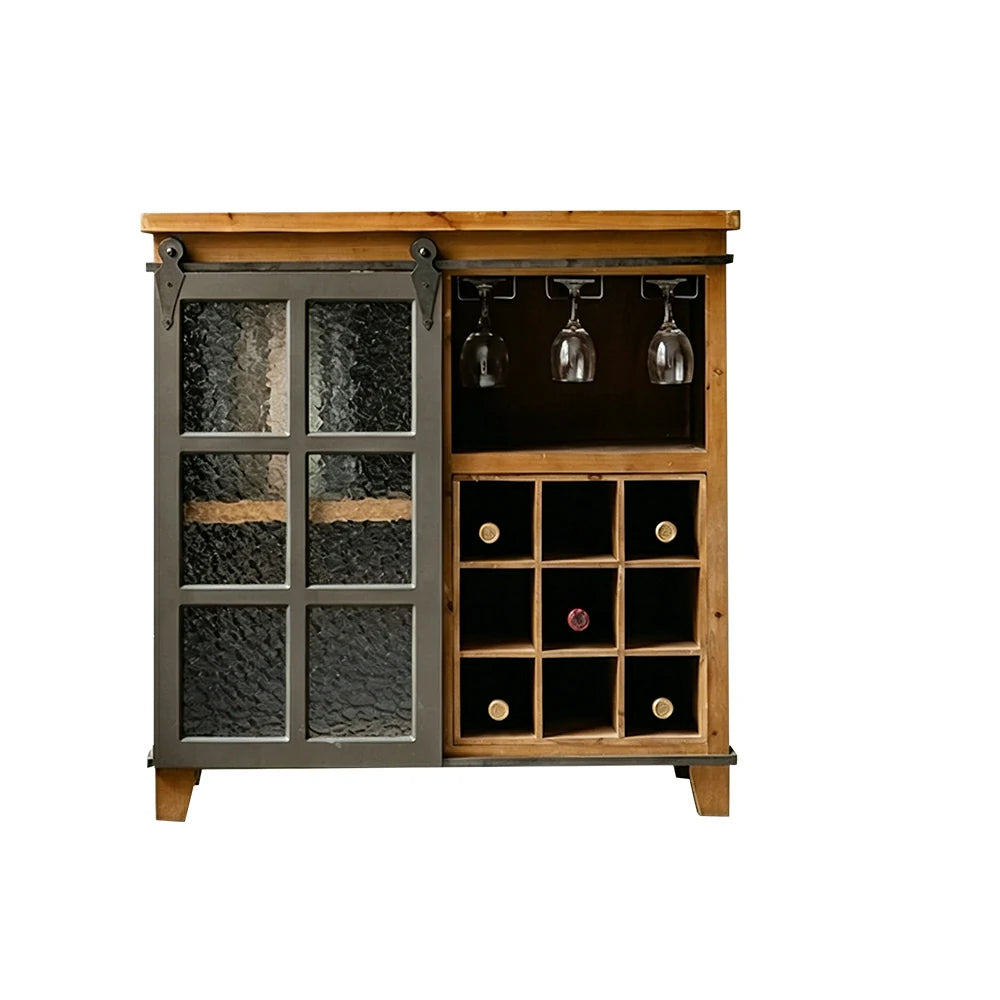 LIVARA Industrial Vintage Wine Cabinet with Glass Door - 80cm Dining Room Wine Rack Storage Cabinet - Natural Wood & Grey