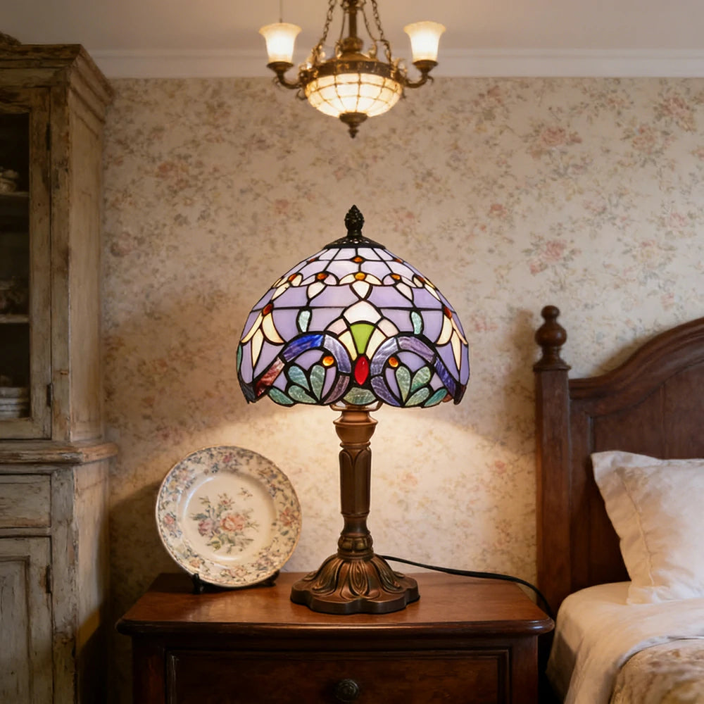 LIVARA Blue Baroque Stained Glass Table Lamp Handmade Tiffany Style E27 Bedside Light Vintage Decor for Living Room Bedroom Study