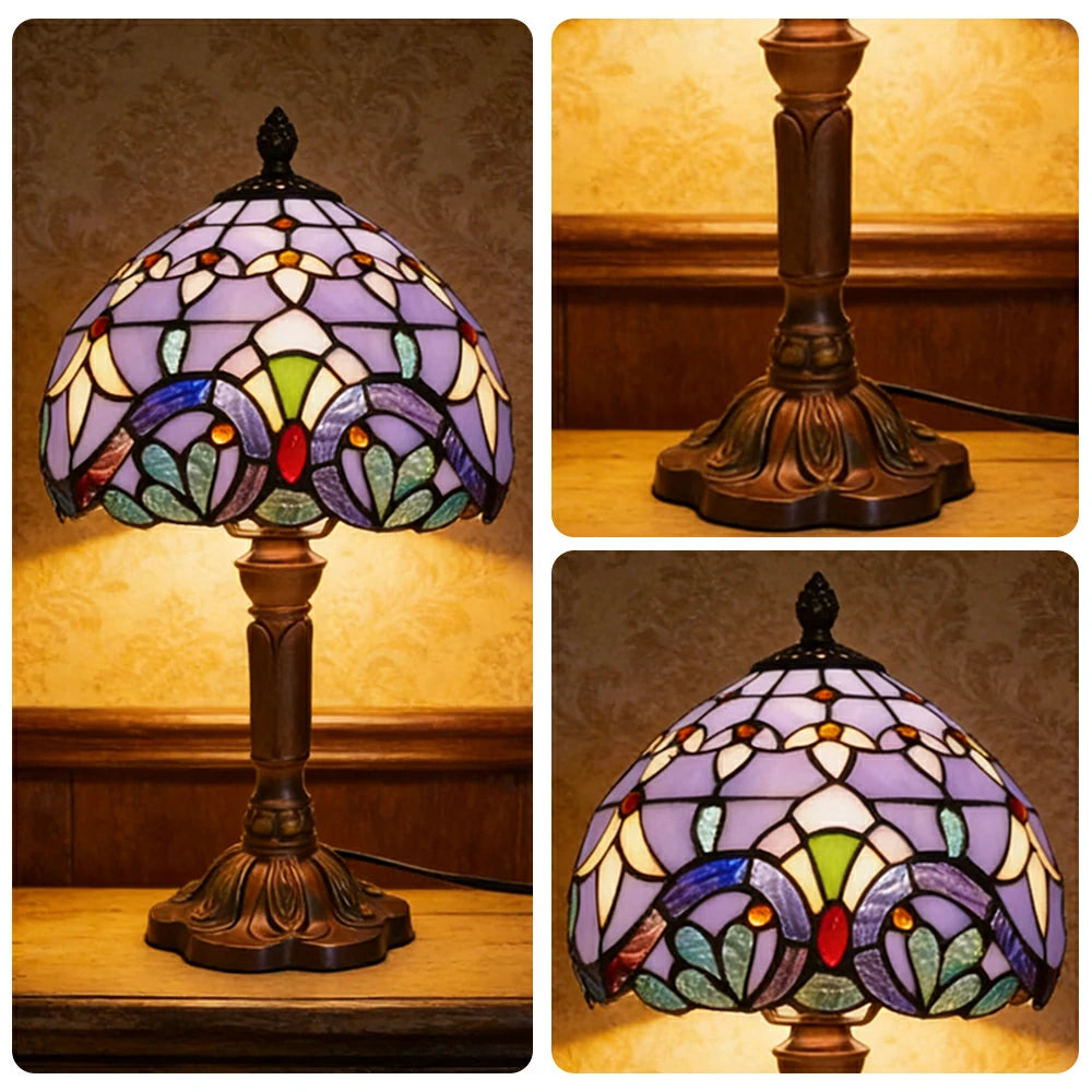 LIVARA Blue Baroque Stained Glass Table Lamp Handmade Tiffany Style E27 Bedside Light Vintage Decor for Living Room Bedroom Study
