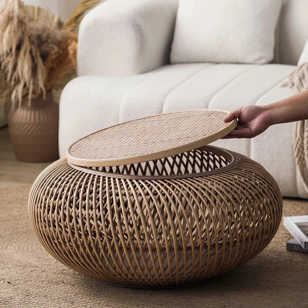 LIVARA Round Rattan Coffee Table - Removable Lid Hidden Storage 72cm Woven Design for Living Room Lounge - Natural