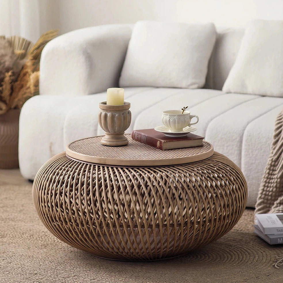 LIVARA Round Rattan Coffee Table - Removable Lid Hidden Storage 72cm Woven Design for Living Room Lounge - Natural
