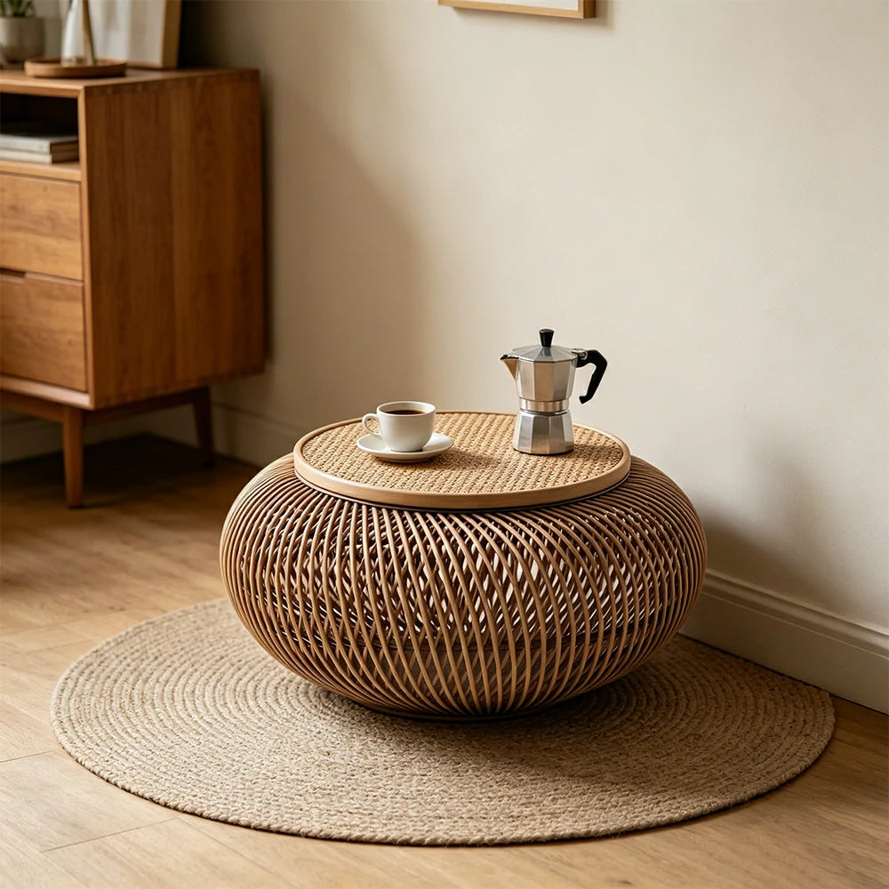 LIVARA Round Rattan Coffee Table - Removable Lid Hidden Storage 72cm Woven Design for Living Room Lounge - Natural