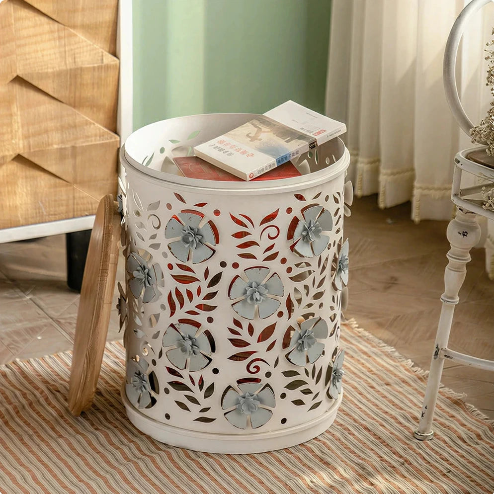 LIVARA Vintage Iron Side Table - Carved Floral Hidden Storage 38cm for Living Room Bedroom - White