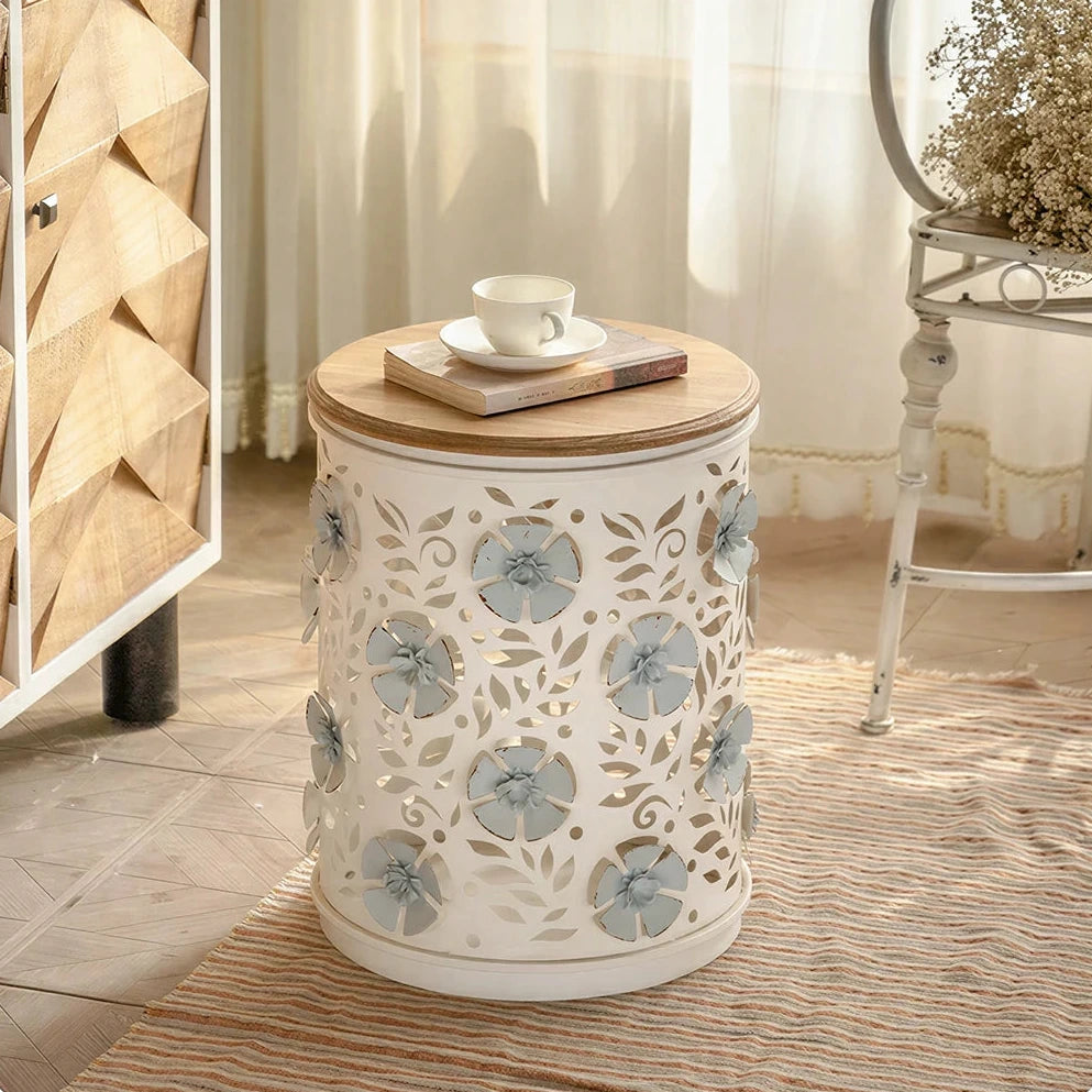 LIVARA Vintage Iron Side Table - Carved Floral Hidden Storage 38cm for Living Room Bedroom - White