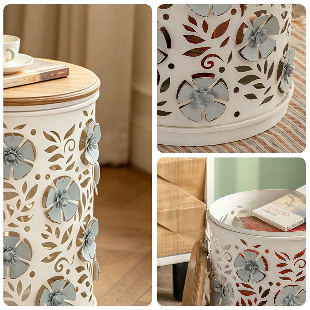 LIVARA Vintage Iron Side Table - Carved Floral Hidden Storage 38cm for Living Room Bedroom - White