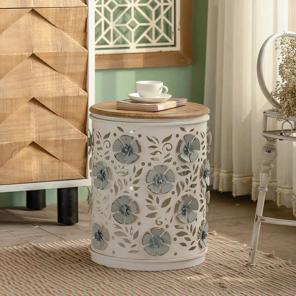 LIVARA Vintage Iron Side Table - Carved Floral Hidden Storage 38cm for Living Room Bedroom - White