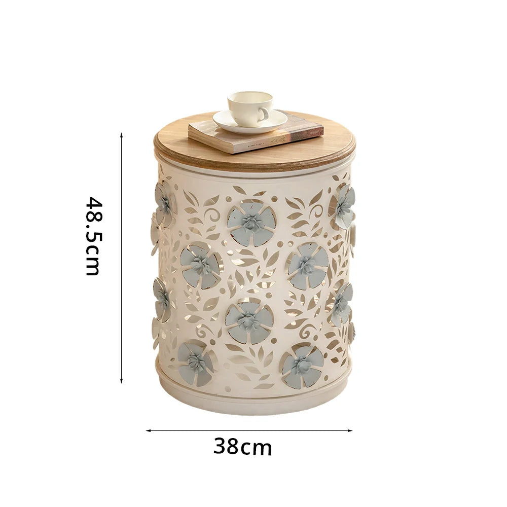 LIVARA Vintage Iron Side Table - Carved Floral Hidden Storage 38cm for Living Room Bedroom - White