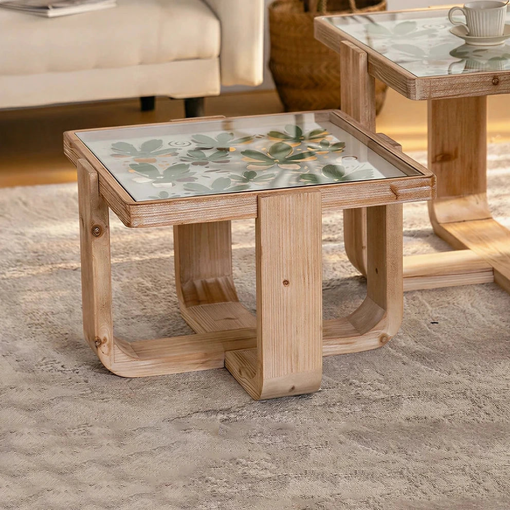 LIVARA Square Glass Coffee Table - Solid Wood Frame Floral Glass Top 59.5cm for Living Room Lounge - Natural